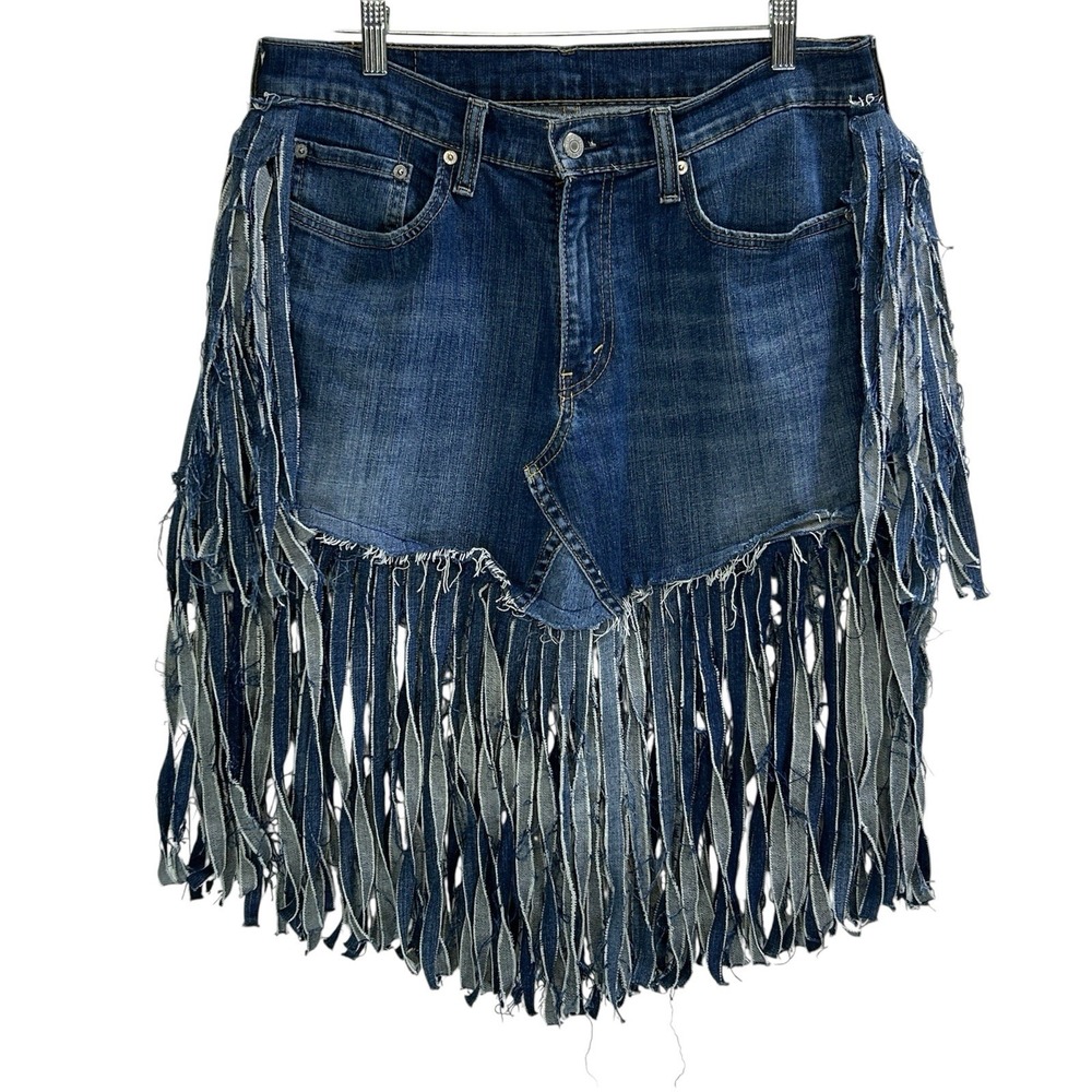 Upcycled Vintage Levi's SZ 32 Denim Fringed Jean Skirt Western Coastal Cowgirl